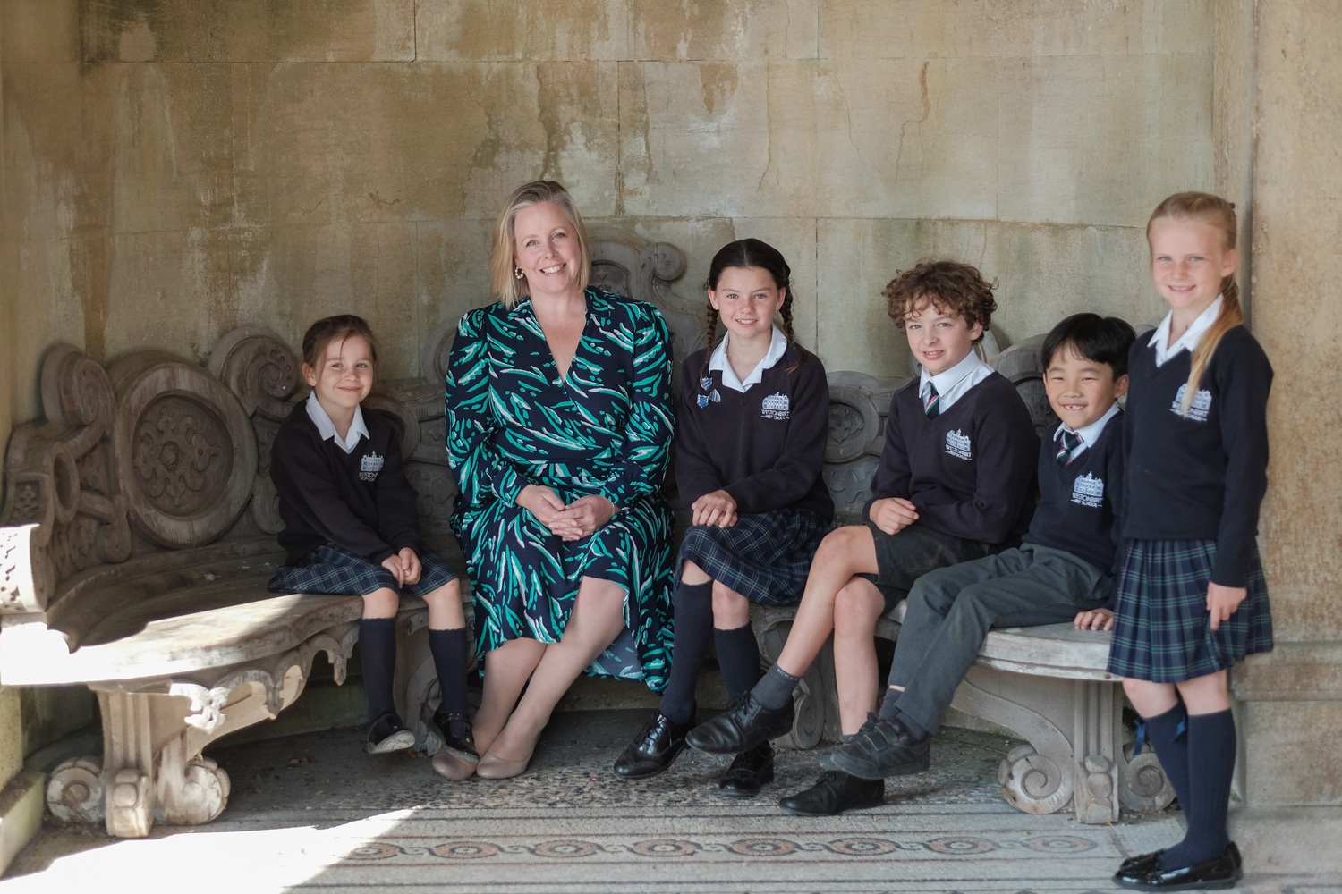 Westonbirt Prep School Headmistress Rebecca Mitchell with pupils