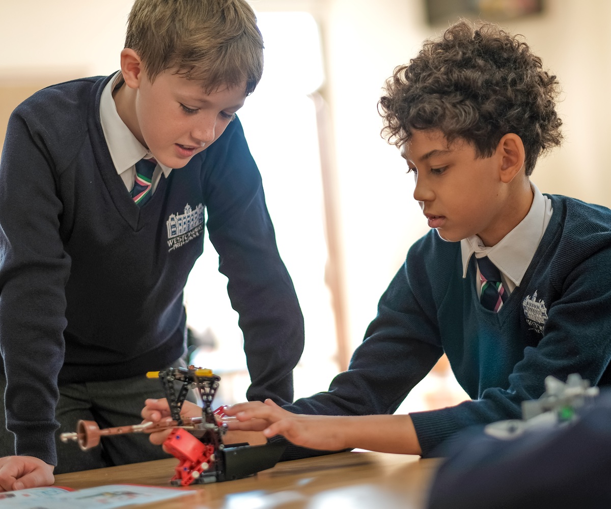 Two pupils take part in a Lego robotics lesson at Westonbirt Prep School
